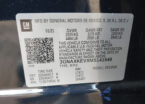 2021 Chevrolet Equinox Fwd Lt z USA, uszkodzony, nr VIN 3GNAXKEVXMS141549
